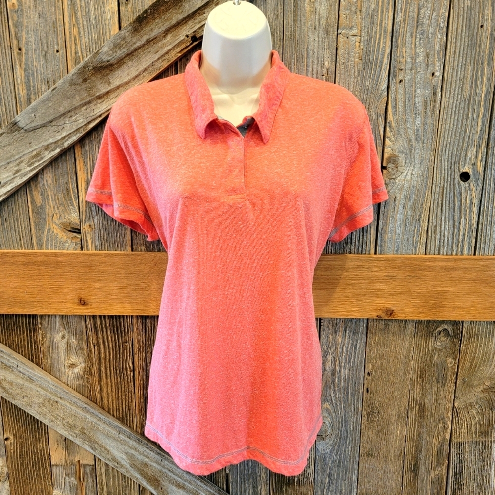 Womens Salmon Orvis Outsmart 1/4 Snap Collar Short Sleeve Poly/Linen Xl Quickdry